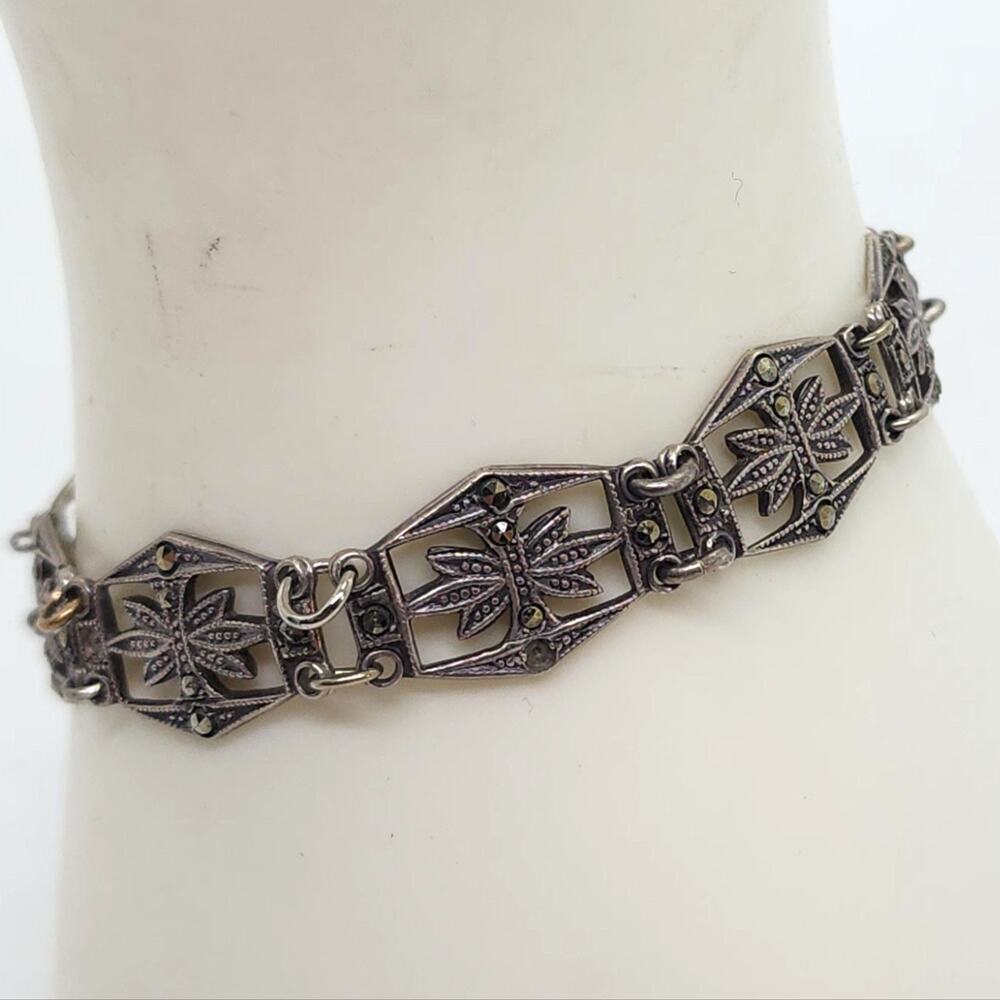 Vintage Art Deco Sterling Silver True Marcasite Link Bracelet Safety Chain